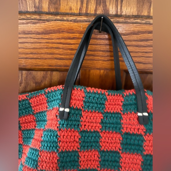 Clare V Red Green Checker Summer Simple Tote Bag Shoulder Strap Like New - Picture 7 of 16